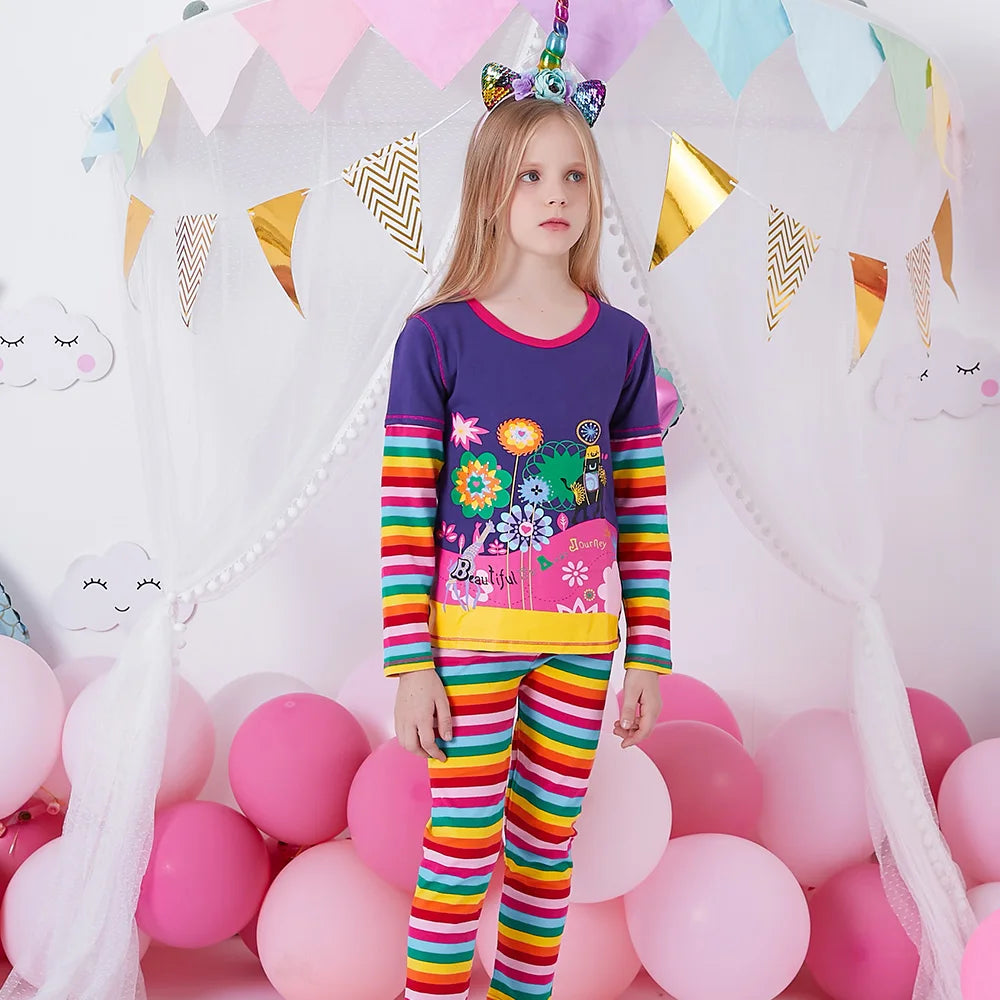 VIKITA Girls Clothing Sets Kids Floral Print Long Sleeve Cotton Rainbow Striped T Shirt and Leggings 2 Pcs Home Wear Clothes Set