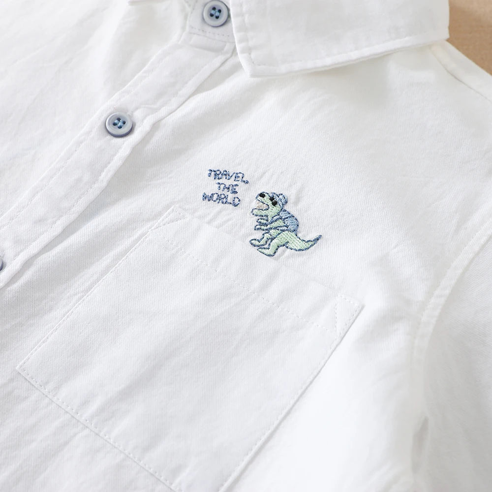 Toddler Boys' White Dinosaur Embroidered Casual Shirt Long Sleeved Clothes for 2-6 Years Old