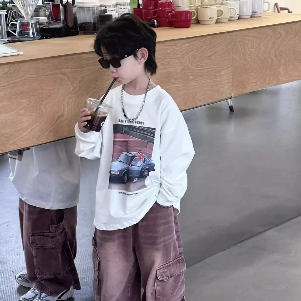 Loose Autumn Cotton T Shirt Child Korean Children's Clothing 2025 Kids Boys Clothes Long Sleeve Outdoor Tees Year Old Boy Wear