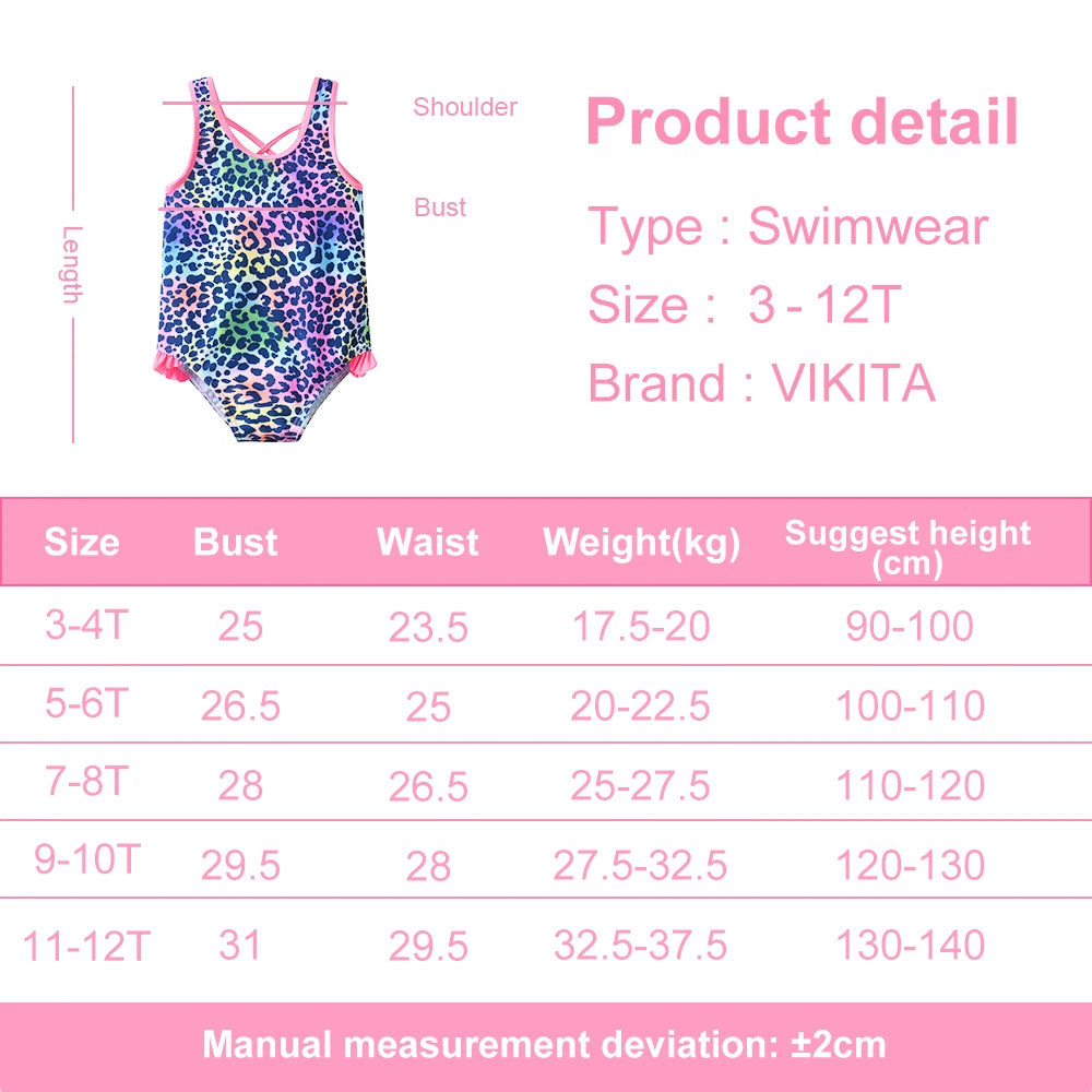 VIKITA Girls Swimming Suits One Piece Swimsuit Leopard Cartoon Kids Swimming Wear Colorful Children Summer Beach Suits Clothing