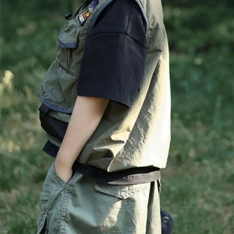 2025 New Autumn Outdoor Tactical Vest for Kids Boys Girls Olive Green Kids Cargo Vest Lightweight Waterproof Hiking Jacket