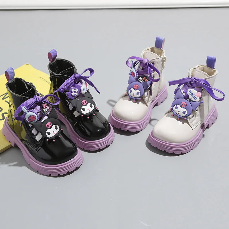 Kids'Casual Shoes Boots PU Leather Cartoon Kuromi Spring Shoes For Girls Anti-slip Lace Beige Black  Shoes Size 26-36