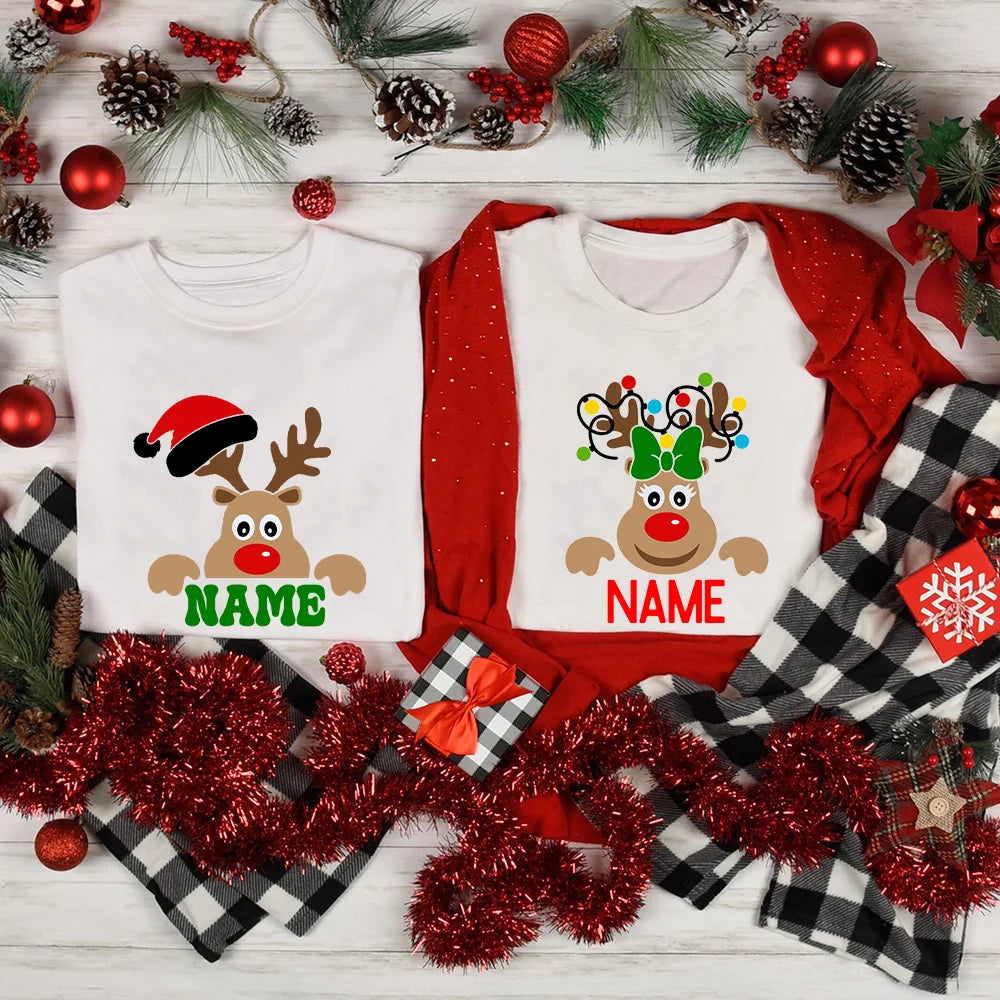 Reindeer Family Christmas Shirt Personalized Christmas Family Shirts Custom Dad Mom Kid & Baby Name Tee Xmas Gift Clothes
