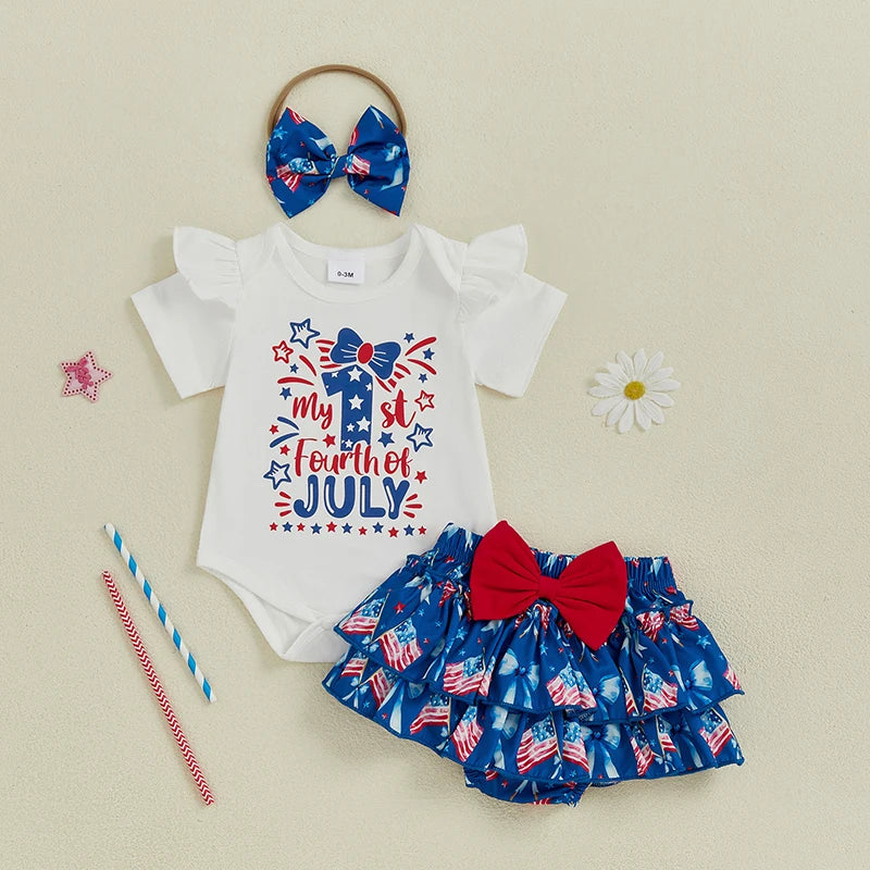 American Flag Print Sleeveless Romper Striped Ruffled Shorts Bow Headband Set for Baby Girl s Independence Day Outfit