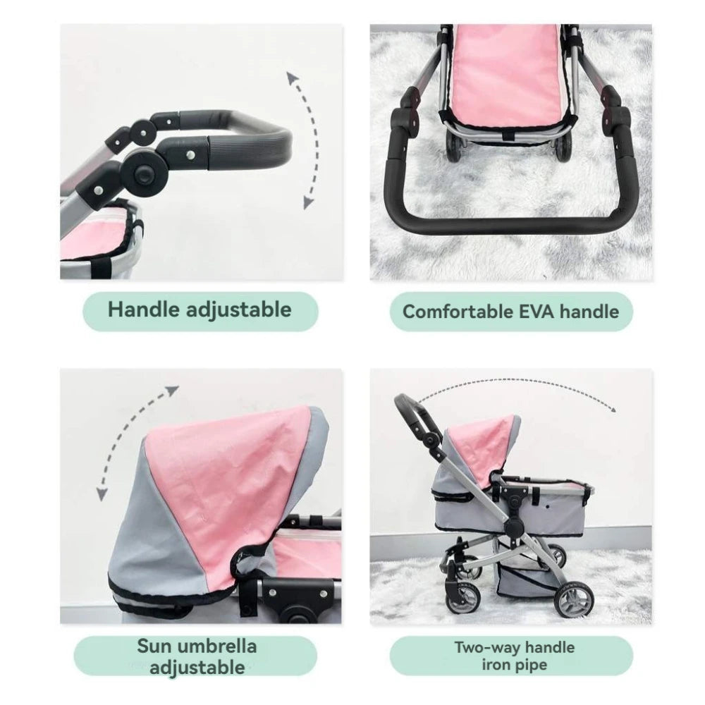 2-in-1 Baby Doll Stroller with Canopy Storage Basket Doll Pushchair Trendy Pram Kids Pretend Play Toy Fits Dolls Up to 18"/45cm