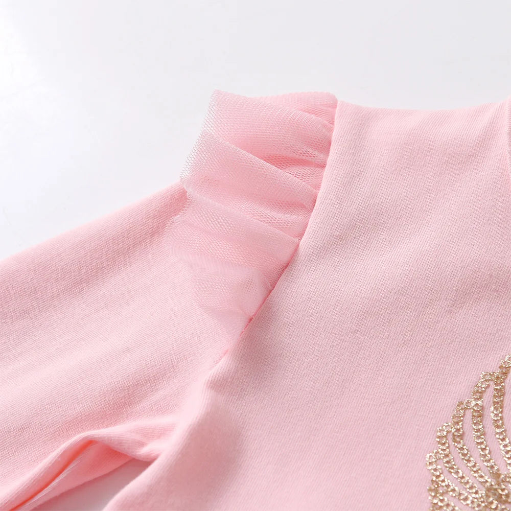 VIKITA Girls Autumn Spring Flare Sleeve Dress Kids Licorne Print Gradient Dresses Kids Birthday Party Princess Pink Mesh Dresses