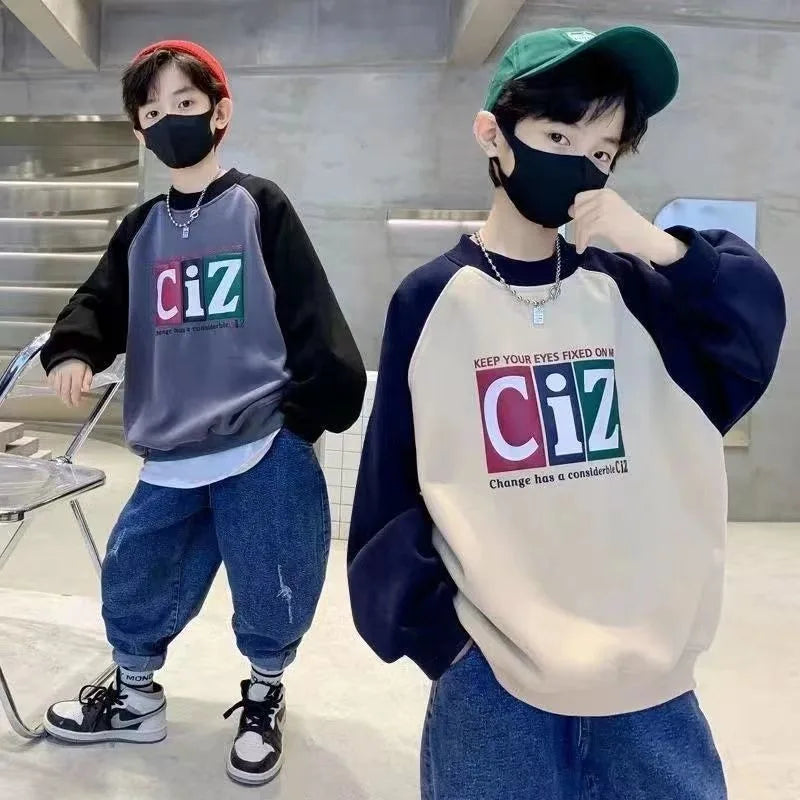 Boys' Medium-Large 2025 New Arrival No Hood Street-Style Korean Trendy Layering Top Kids Sweatshirt for Spring/Autumn