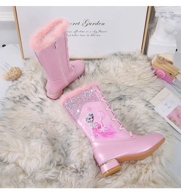 Disney Girls' Leather Boots Winter Cartoon Frozen Boots Side Zipper High Plush Princess Elsa Boots Warm Children's Boots Size 27