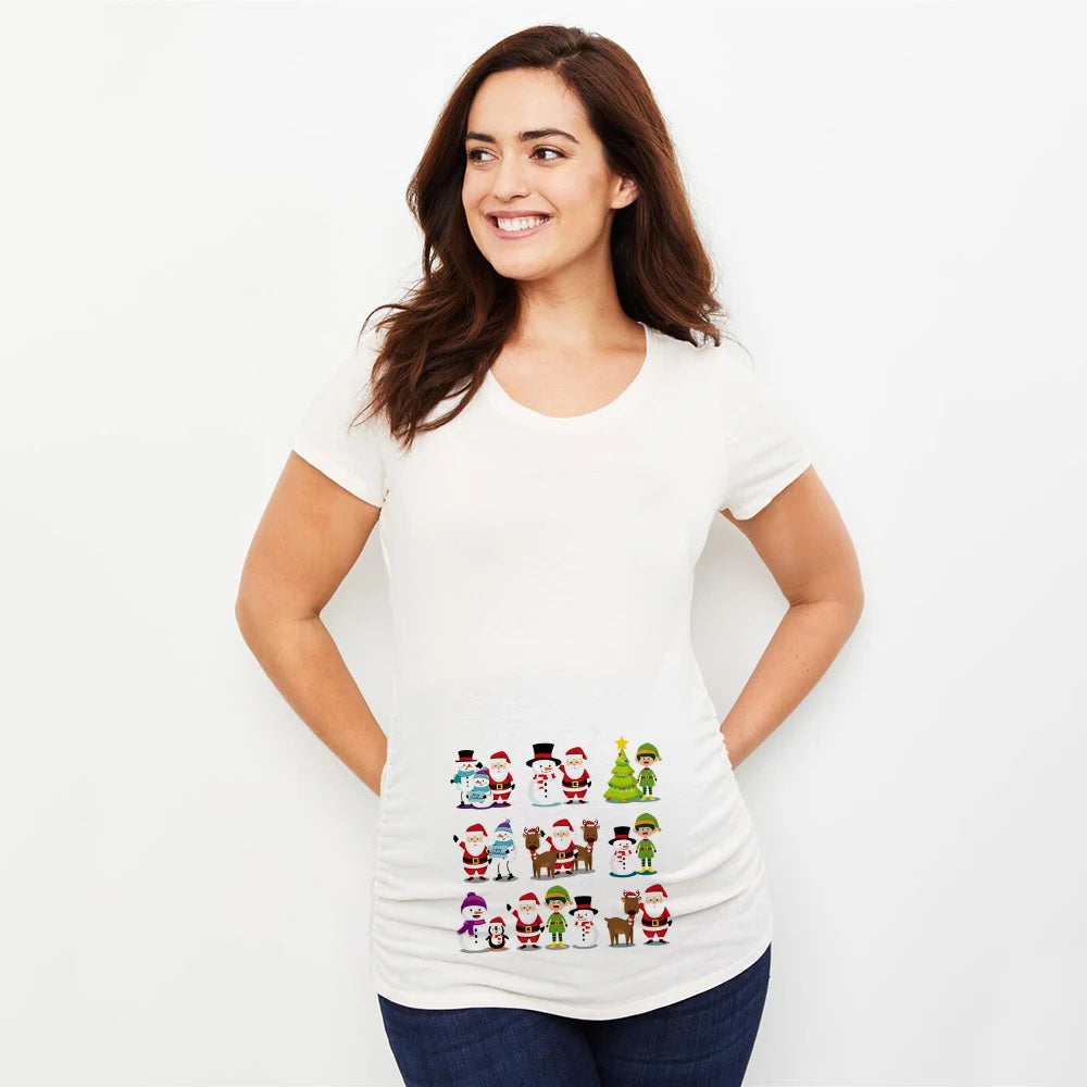 Merry Christmas Cartoon Print Maternity T-shirt Xmas Casual Pregnant Women Reindeer Graphic T Shirt Pregnancy Announcement Tees