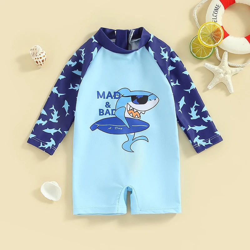 Children s Boys Summer Swimwear Cute Shark Print Short Sleeve Rash Guard Swimsuit Beachwear Bathing Suit for Kids