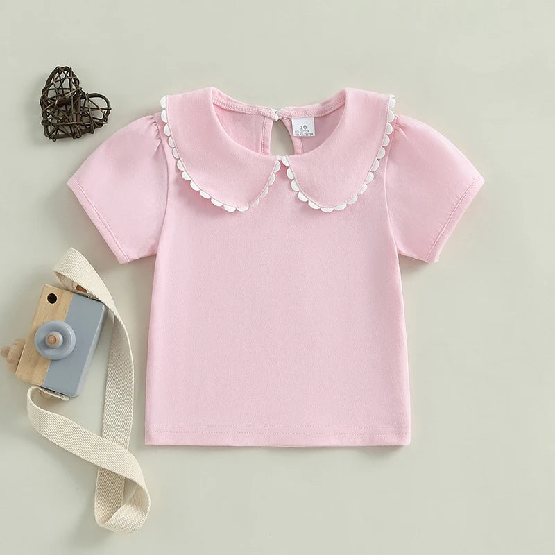 Adorable Baby Girl Summer T-Shirt with Cute Doll Collar and Stylish Contrast Color Short Sleeves for a Casual Look