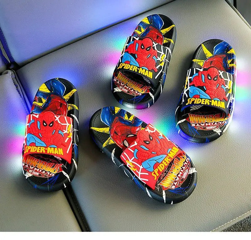 Disney Spider-Man Children's Slippers Non-slip Cartoon Light Soft Soled Slippers For Boys LED Light Luminous Children's Summer S