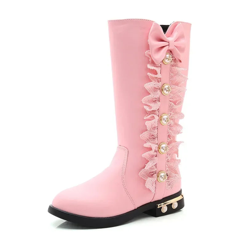 Girls Boots Autumn Winter Kids Princess Boots Lace Pearls with Bow-knot Sweet Warm Cotton Fur Lining Children Long Boots High
