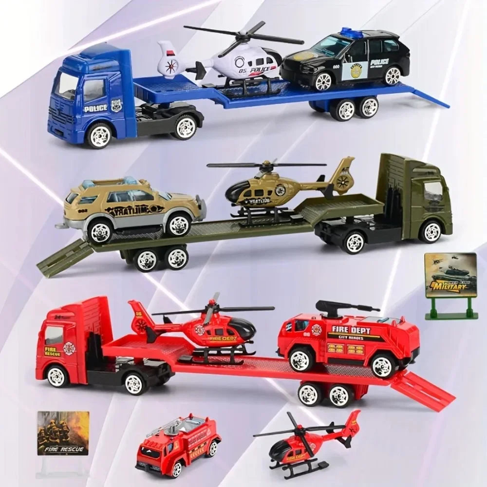 Friction Powered Carrier Truck Toy Push and Go Construction Car Toy Alloy Tow Trailer Trucks Set Gift for Toddlers Boys Girls