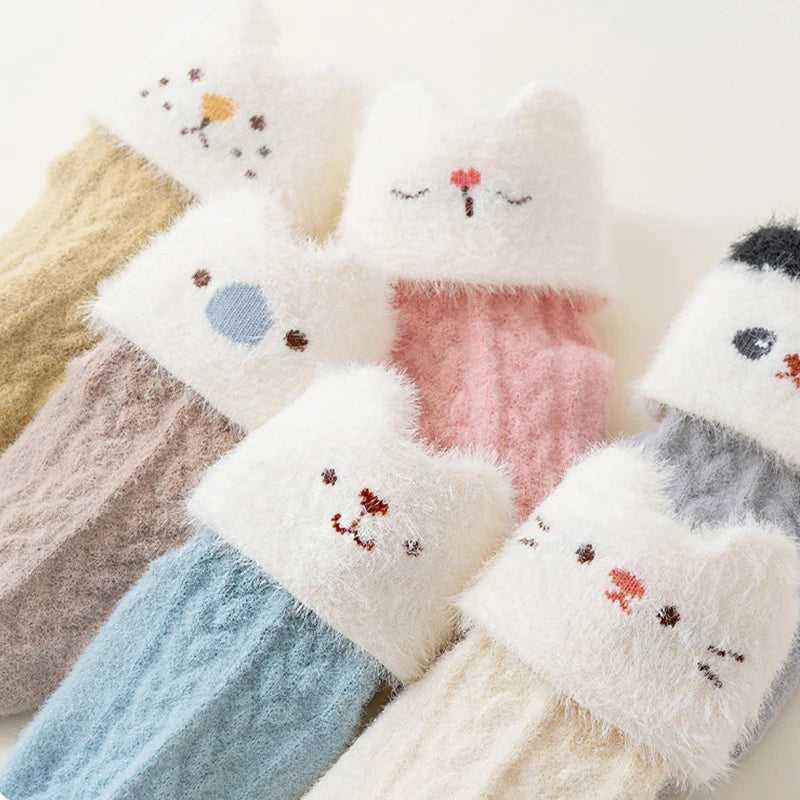 3/6 Pairs Children'S Socks Solid Color Cartoon Kids Mid-Tube Socks Winter Warmth Newborn Socks For Boys And Girls
