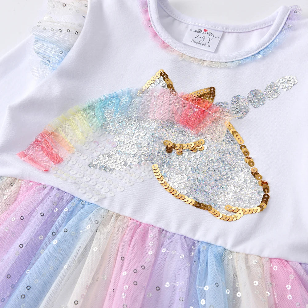 VIKITA Children Clothes Girls Autumn Spring Long Sleeve Colorful Dress Kids Licorne Mesh Tulle Princess Party Frocks 8 Years Old