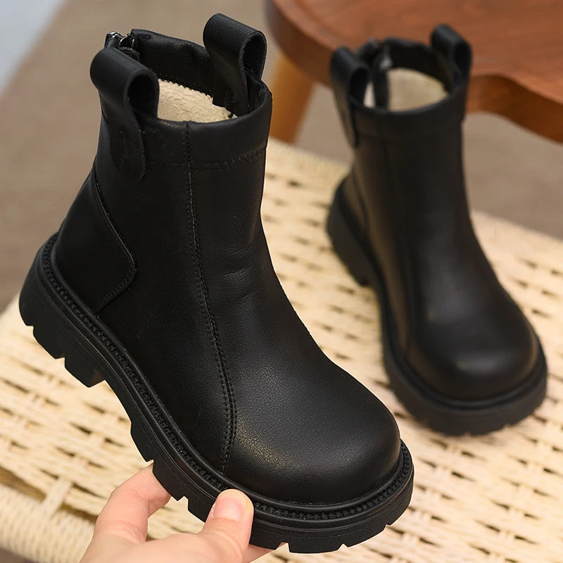 Girls' short boots, genuine leather, children's cotton boots, soft soled leather boots, children's shoes, 2025 autumn and winter