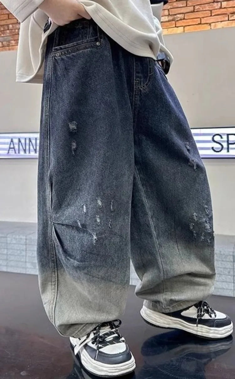 2025 New Boys' Gradient Denim Jeans Straight Leg Loose Fit Wide Pants for Kids Spring/Fall Casual Wear, Trendy & Stylish