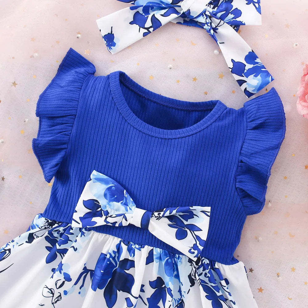 Summer New Blue Bow Baby Girl Dress, Fashionable Children'S Clothing With Free Hairband (6 Months -3 Years Old)