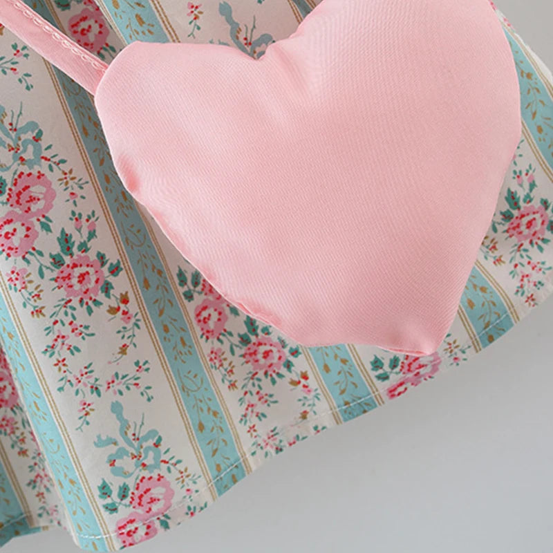 Summer New Pink Doll Neck Baby Girl Dress, Sweet Floral Children'S Sleeveless Clothes+Love Bag (9 Months -3 Years Old)