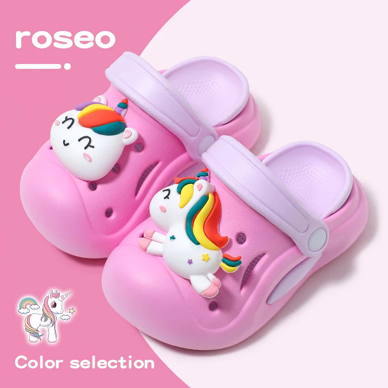 Kawaii Garden Shoes For Little Kid With Unicorn Charm Rainbow Color Girl's Clogs Outdoor Thick Sole Anti-slip Sandals Summer