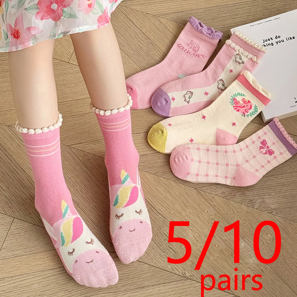 5/10 pairs/lot Kids Socks for Girls 2025 Cute Cartoon Unicorn Floral Print Children Ankle Short Breathable Cotton Toddler Sock