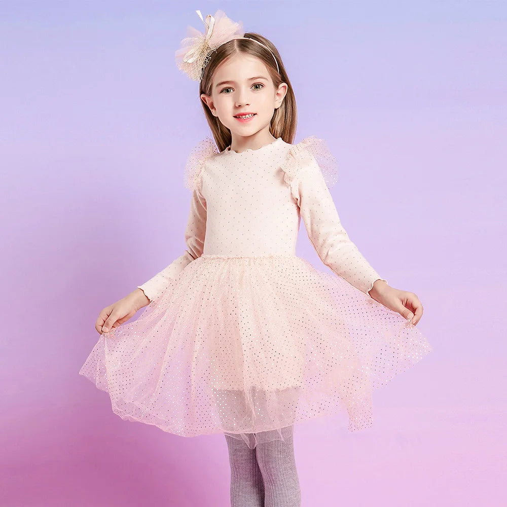 VIKITA Girls Knitted Dress Long Sleeve Autumn Spring Pink Dresses Girls Birthday Party Mesh Cotton Casual Dress Kids Clothes