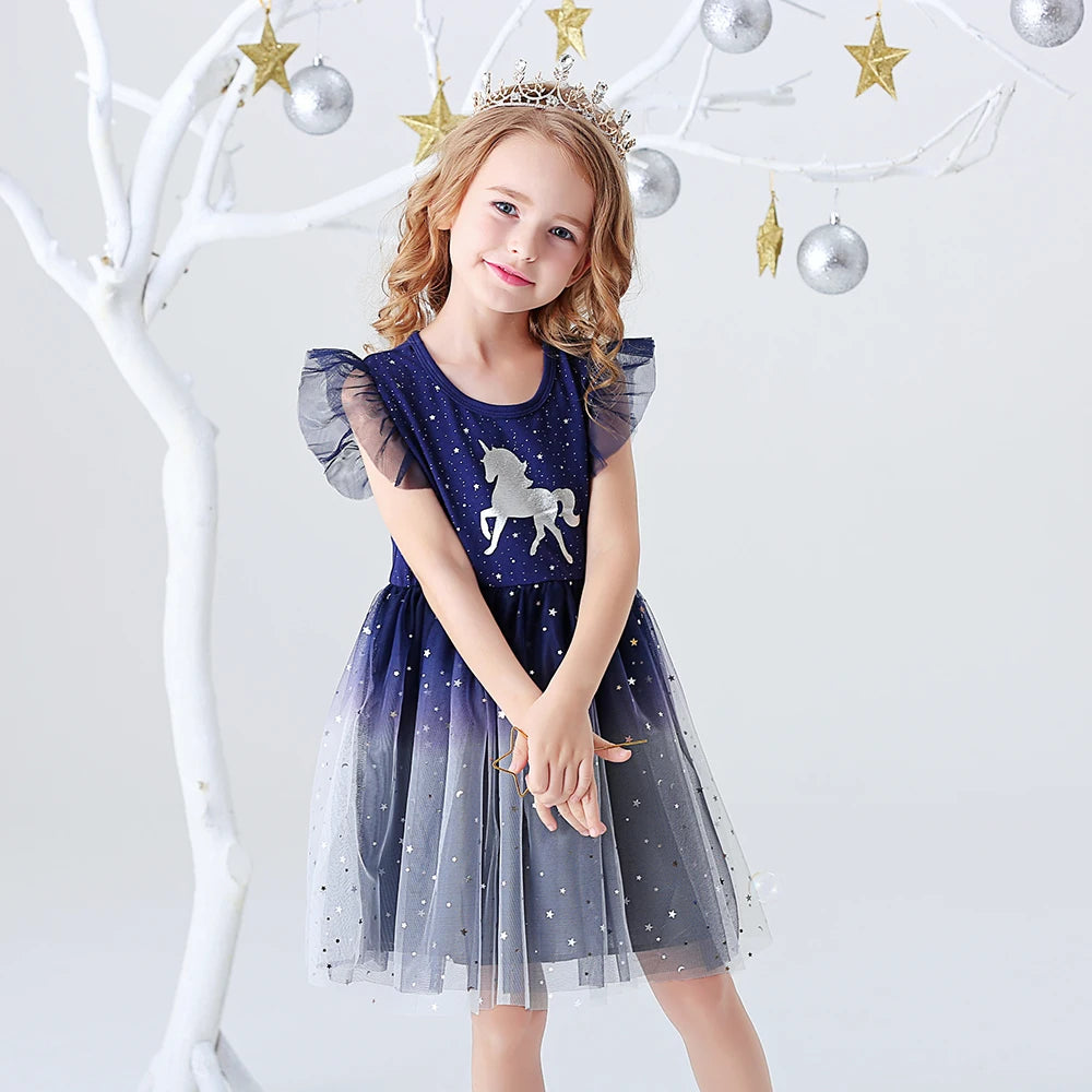 VIKITA Girls Starry Dress Kids Sequins Sleeveless Dresses Kids Elegant Cute Princess Tutu Vestidos Children Summer Tulle Dress