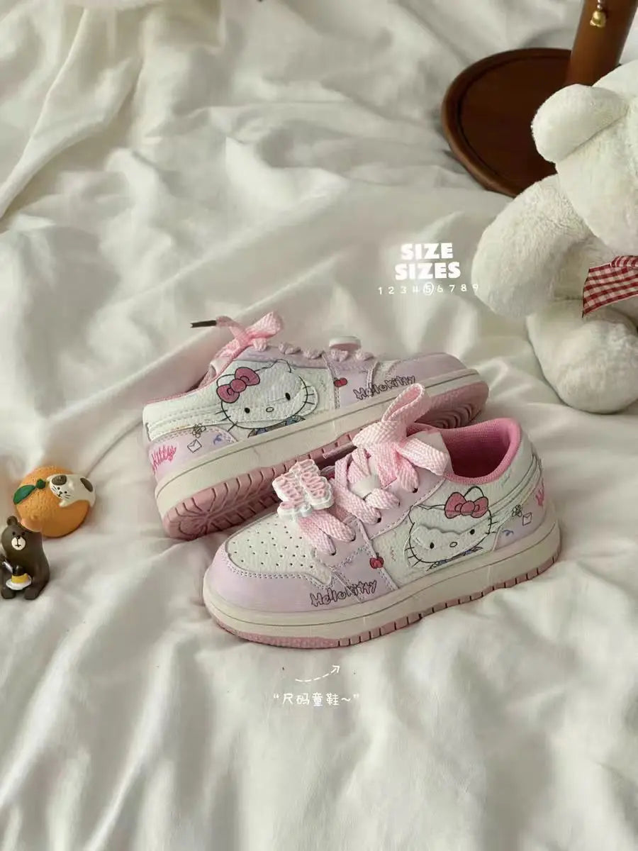 Kids'Casual Shoes Sneakers PU Leather Printed Hello Kitty Spring Shoes For Girls Thick Bottom Anti-slip Pink Shoes Size 26-37