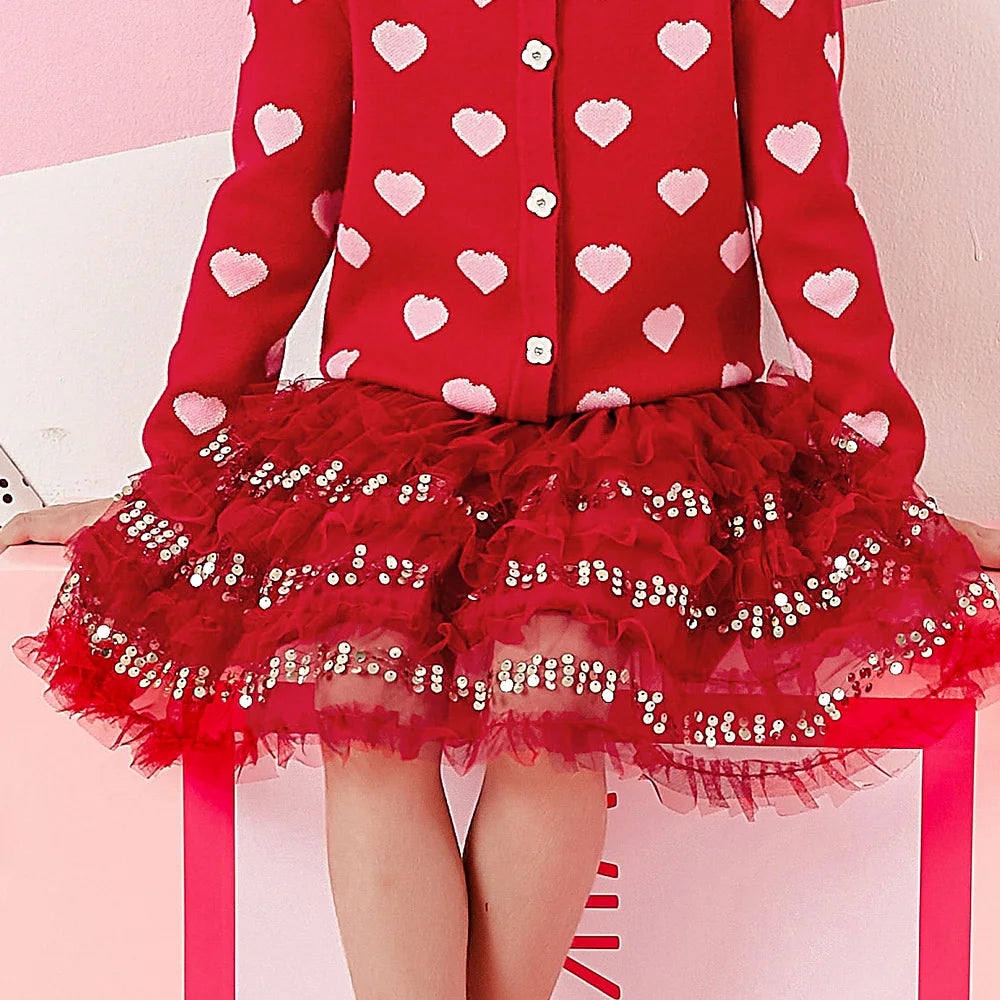 VIKITA Kids New Year Christmas Festival Red Sequined Skirts Girls Layered Mesh Tulle Tutu Cake Princess Mini Skirts Kids Clothes