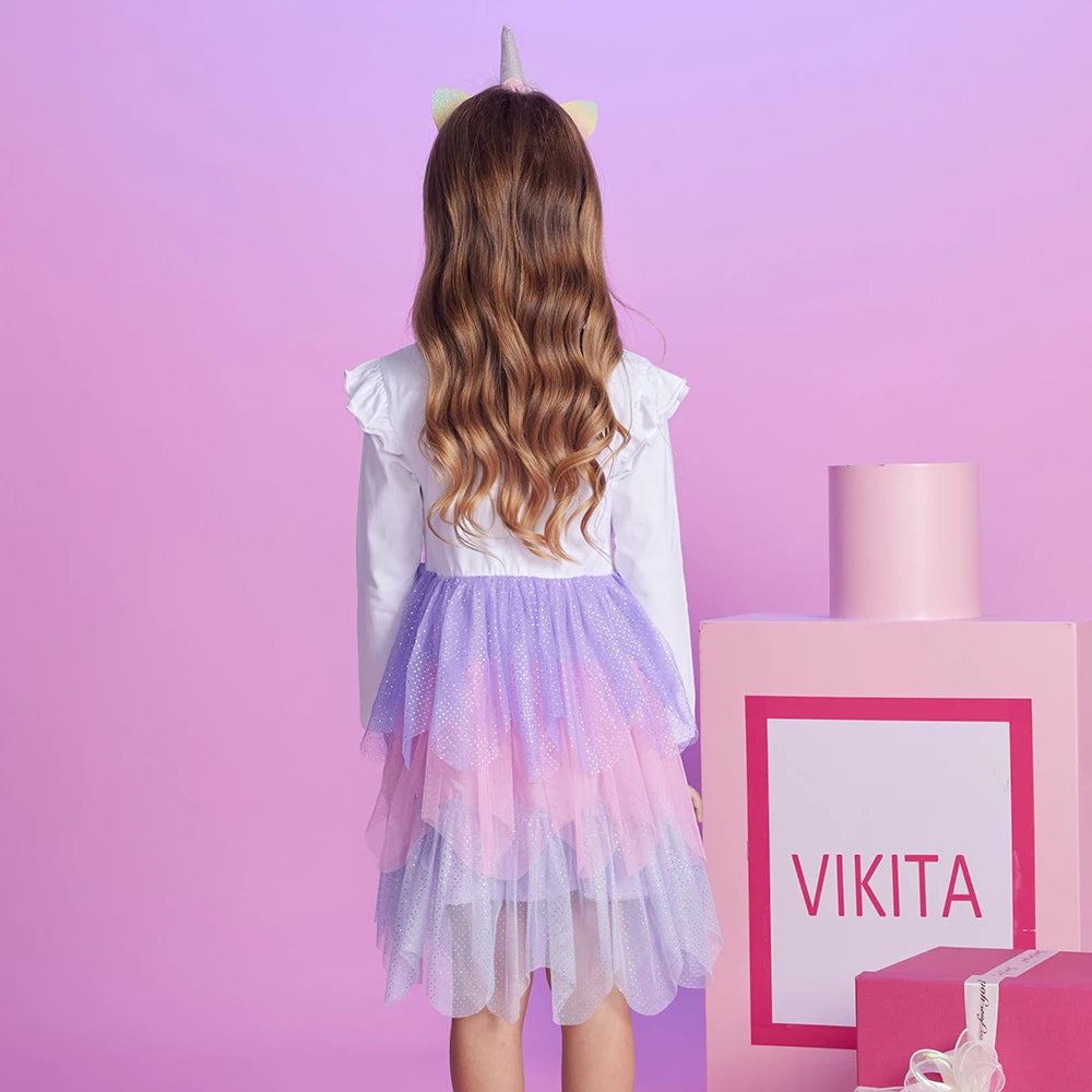VIKITA Winter Children Dresses Unicorn Kids Princess Tutu Dress Irregular Prom Costume Long Sleeve Birthday Party Girls Clothes