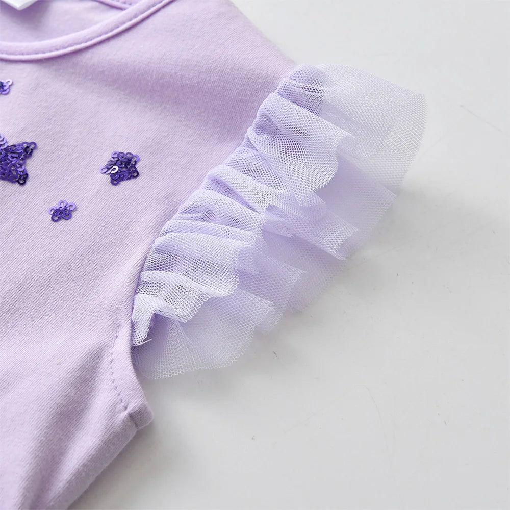 VIKITA New Children Clothes Girls Summer Flare Sleeve Purple Dress Kids Mermaid Sequins Mesh Tulle Princess Party Tutu Vestidos