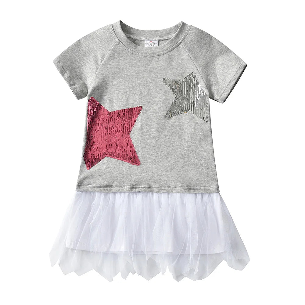 VIKITA Girls Star Sequined Appliqued O Neck Short Sleeve T Shirts Kids Summer Cotton Casual Daily Fashion Tees Tops Wear Clothes