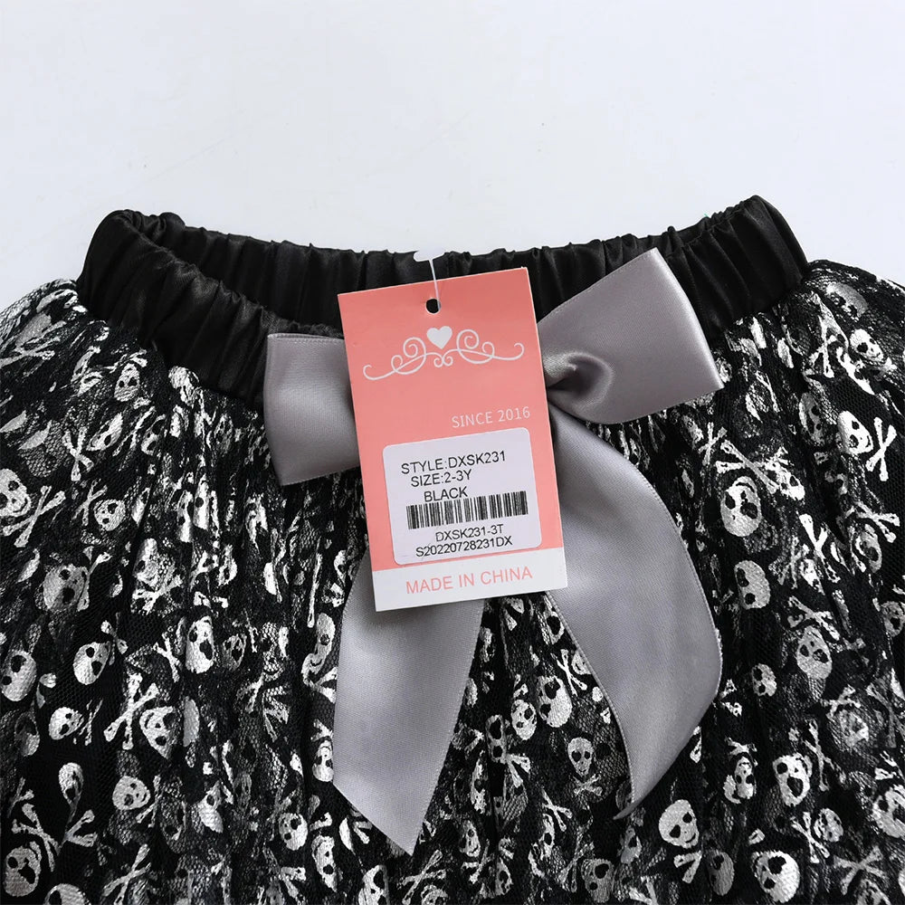 VIKITA Girls Skull Print Festival Tull Lace Tutu Skirt with Bow Knot Ruffled Skirt for Halloween Party Wear Fashion Costumes