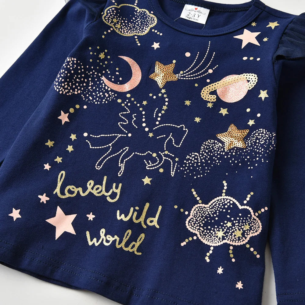 VIKITA Girls Cartoon Sequined Appliqued T Shirts Kids Long Sleeve Autumn Spring Cotton T Shirts Kids Casual Wear Tops and Tees