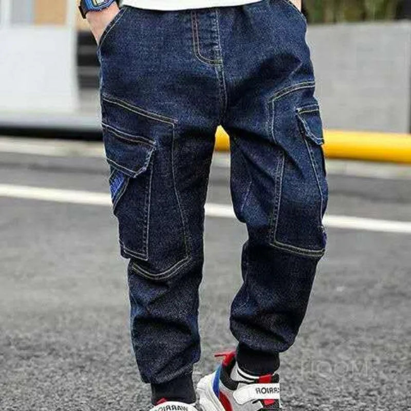 Autumn Winter Boys Fleece-Lined Cargo Pants/Korean Style Thickened Jeans for Toddler Boys