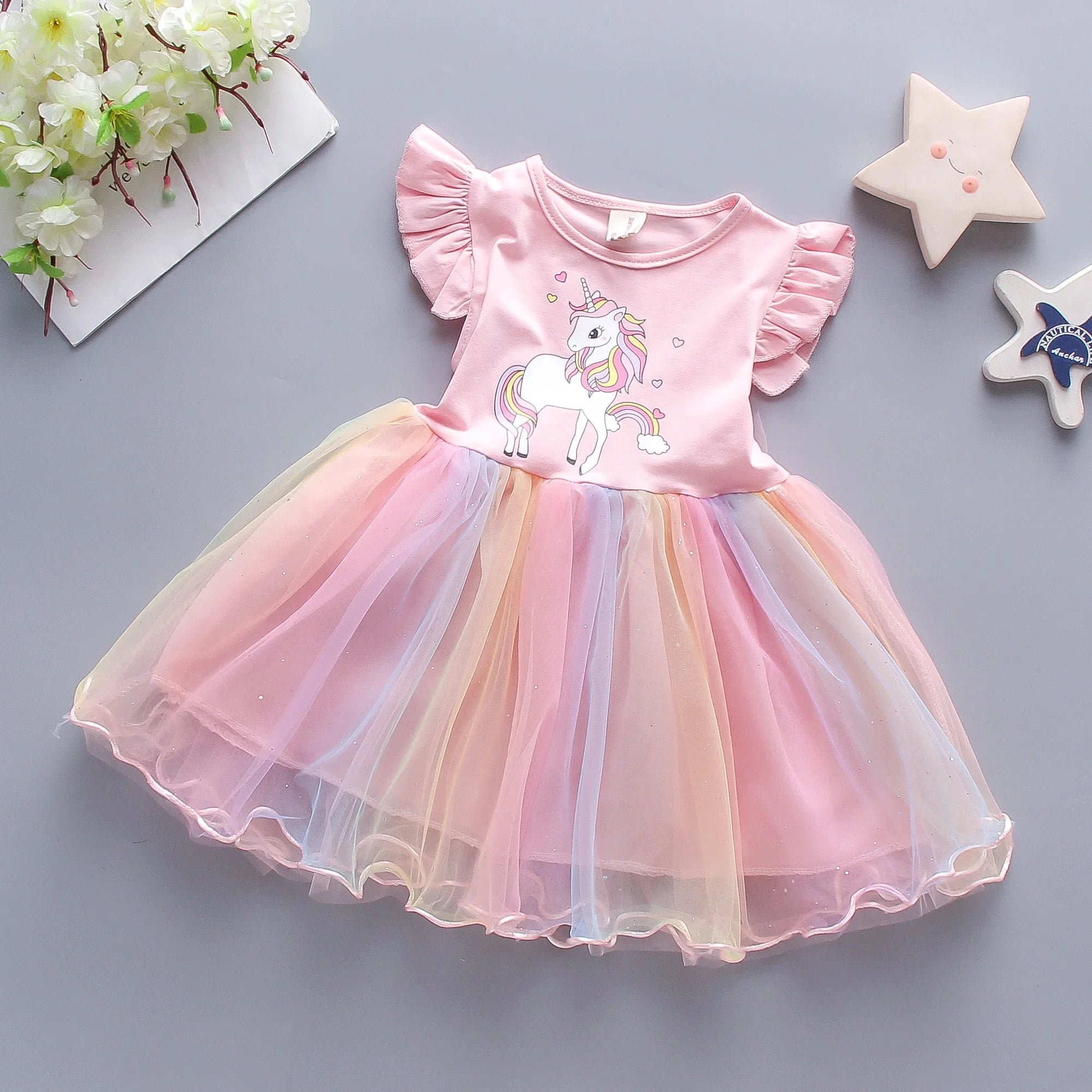 Summer Girls' Dress Children's Wear New Cartoon Cloud Little Horse Rainbow Gradient Mesh Sleeveless Children's Dress