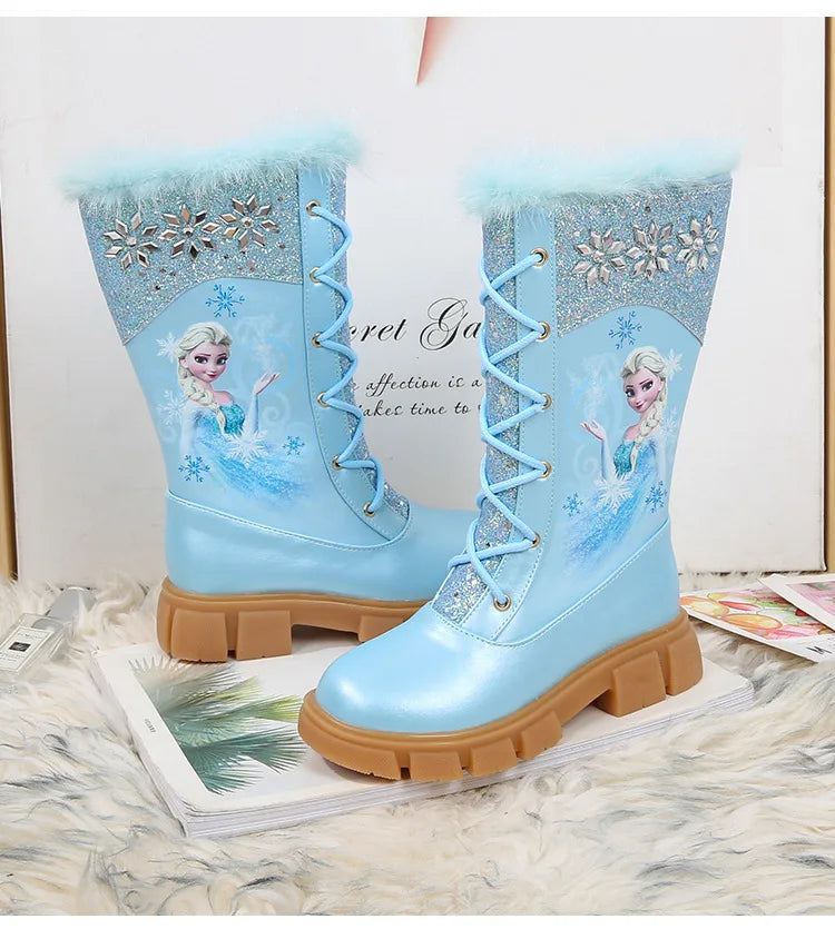 Disney Girls' Princess Elsa Frozen Boots Children's Long Sleeve Boots Women's Cotton Winter Plush Thickened High Sleeve Boots