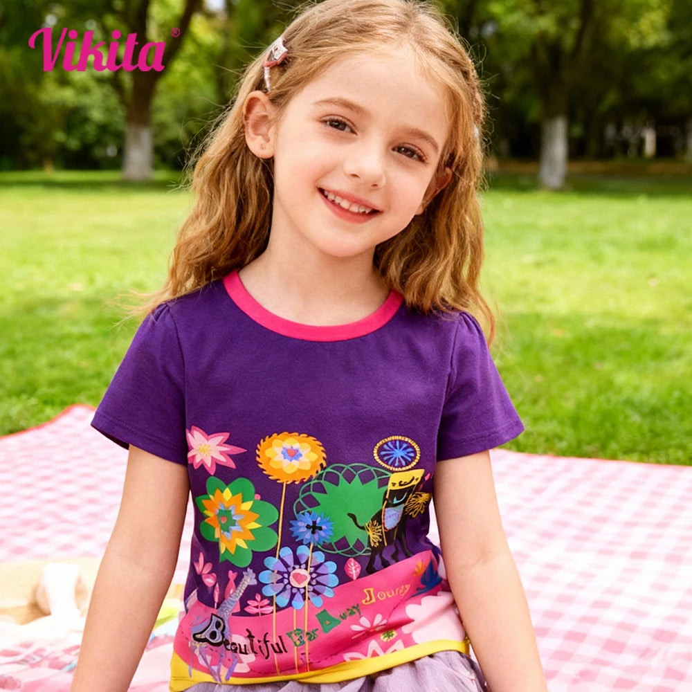 Kids Purple Floral Print Short Sleeve T Shirt Kids Cotton Casual Animal Print Tops and Tees Toddlers Casual Outdoor Trips Wear