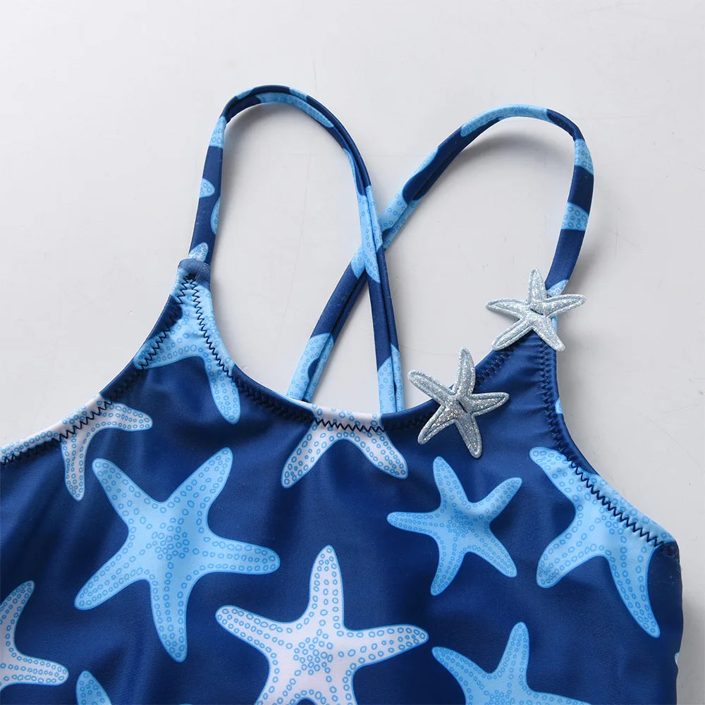 VIKITA Girls Swimwear One Piece Teens Seastar Print High Quality Beachwear for Kids Girls Camisole Swimsuit 4 To 10 Years Old