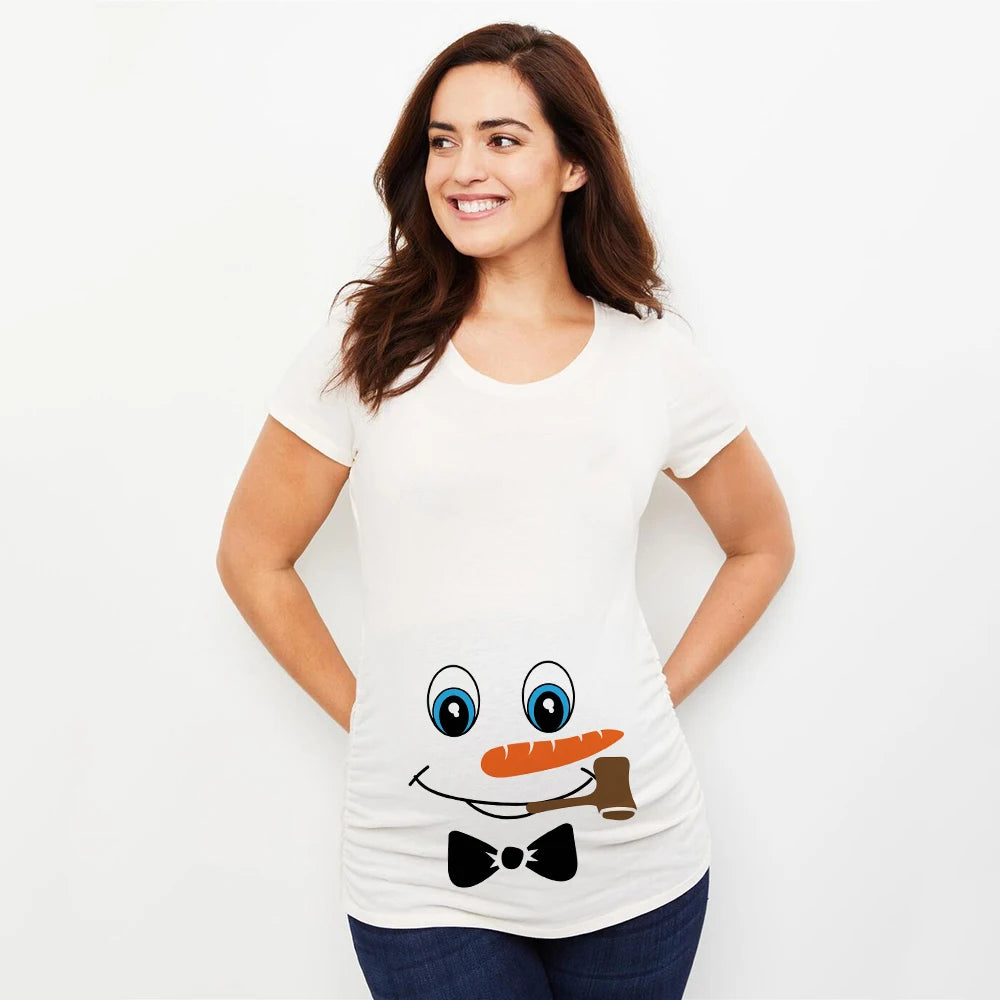 Christmas Pregnant Women T-shirt Snowman Cartoon Printed T Shirt Pregnancy Announcement Clothes Maternity White Short Sleeve Top