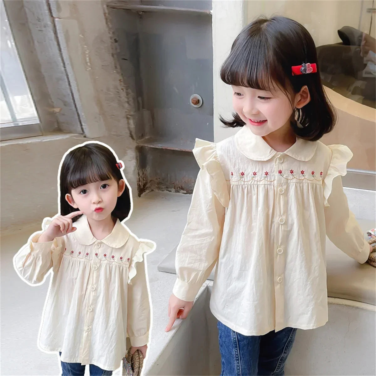 (Girls 0-5 years old) Autumn New Girls' Shirts Lace Pleated Flowers Decorated Doll Collar Blouse Blouse Blouse Blouse Blouse