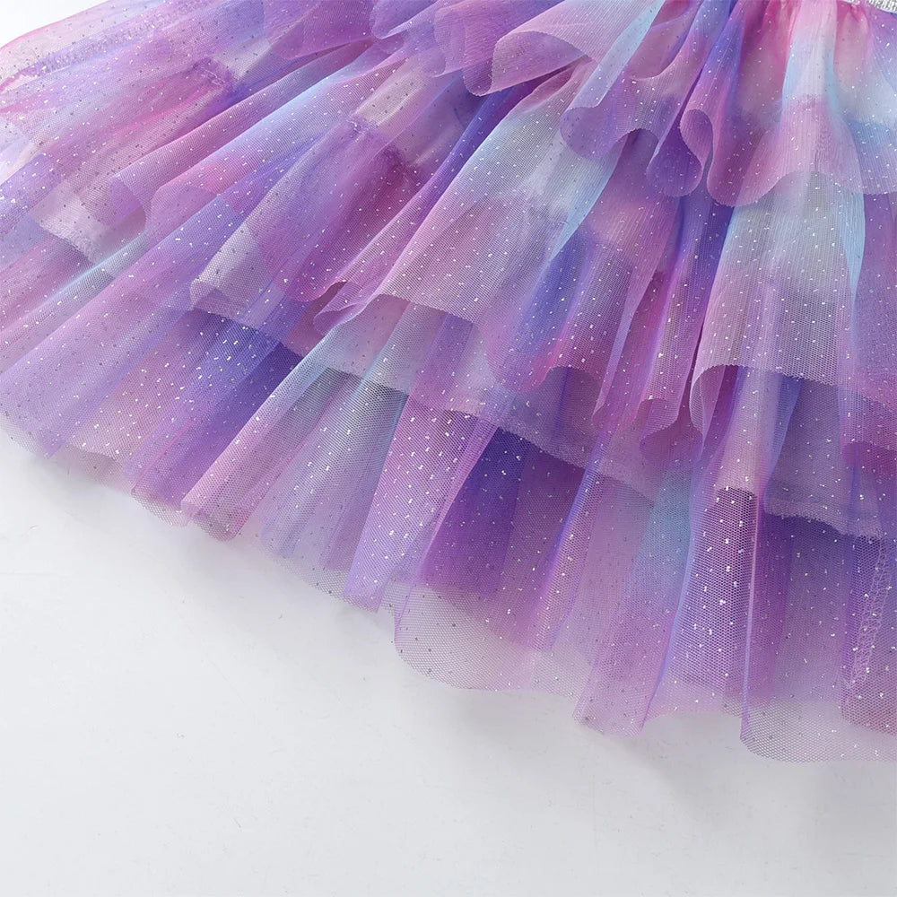 VIKITA Girls Unicorn Print Cartoon Dress Kids Summer Flare Sleeve Dresses Girls Layered Mesh Tulle Tutu Party Dress Kids Clothes