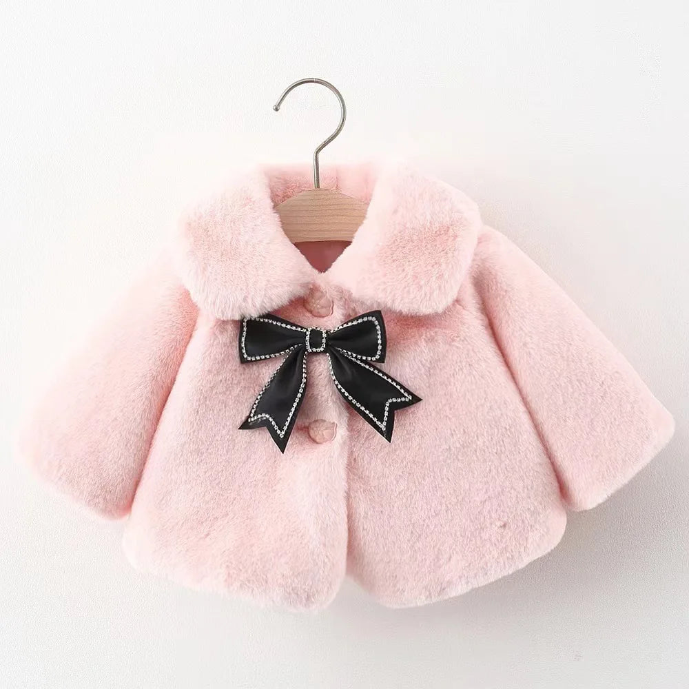 Winter New Sweet Black Bow Baby Girl Coat, Simple Style Thickened Warm Children'S Clothing (9 Months -3 Years Old)