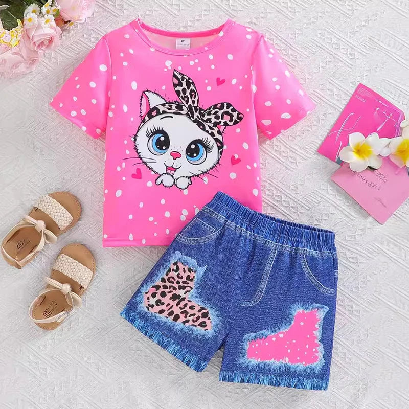 Baby Girls Clothing Set Summer New Kids Leopard Print Short Sleeve T-Shirt Shorts 2Pc Suit for 4-7Year Children Fashion Outfits