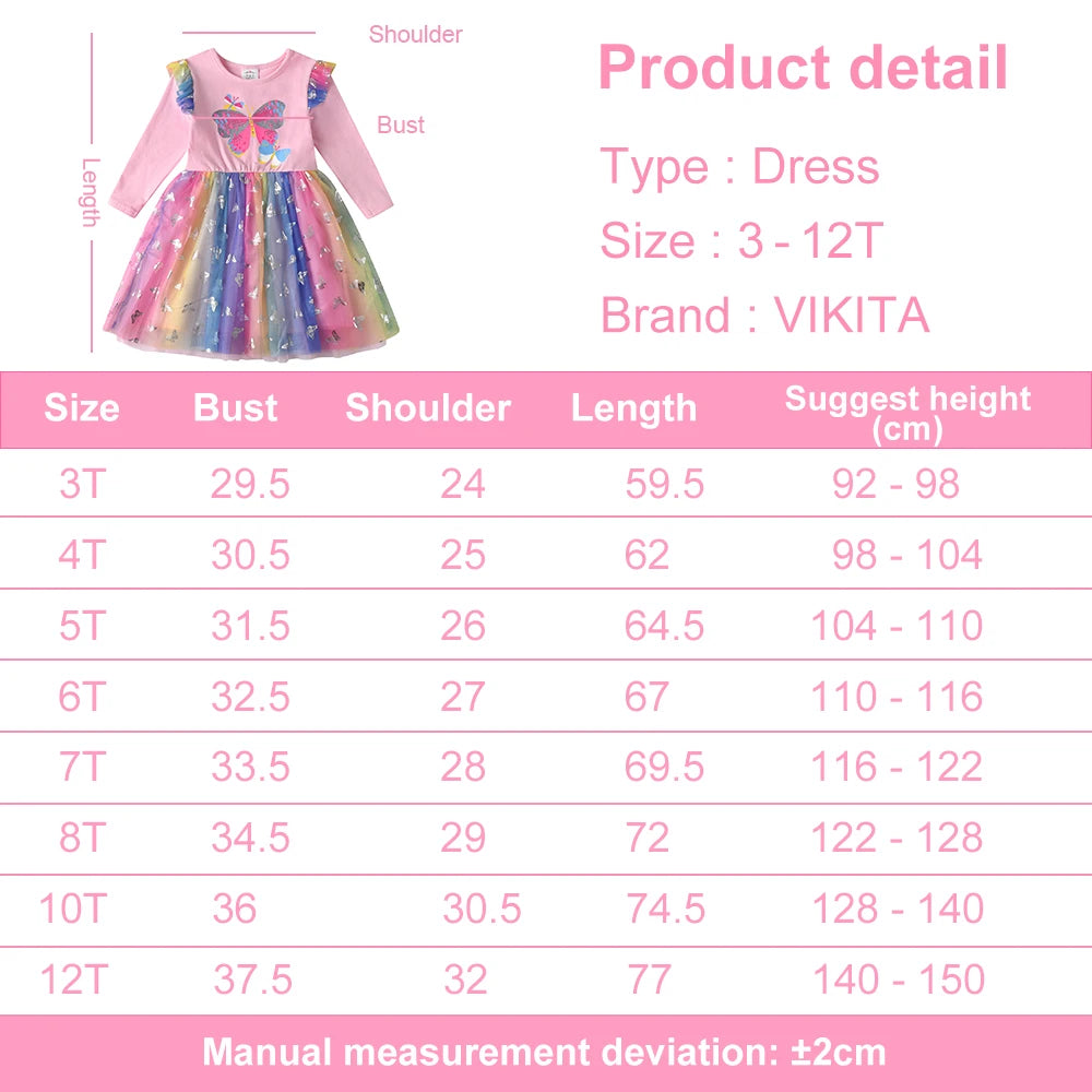 VIKITA Kids Butterfly Flower Print Flare Sleeve Dress Girls Colorful Party Vacation Performance Princess Dress for Kids Clothing