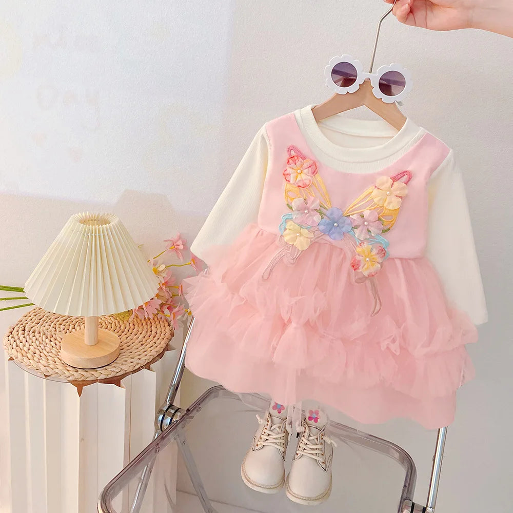 Spring And Autumn New Baby Girl Princess Dress, Sweet Flower Butterfly Children'S Long Sleeve Clothes For Babies Aged 0-3 Years