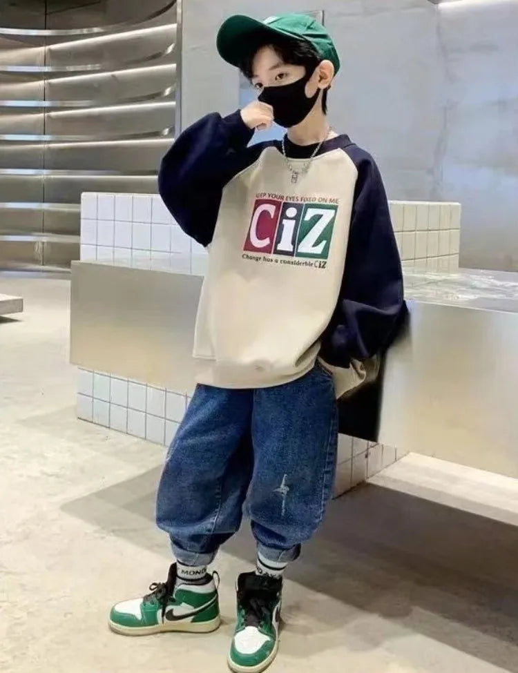 Boys' Medium-Large 2025 New Arrival No Hood Street-Style Korean Trendy Layering Top Kids Sweatshirt for Spring/Autumn