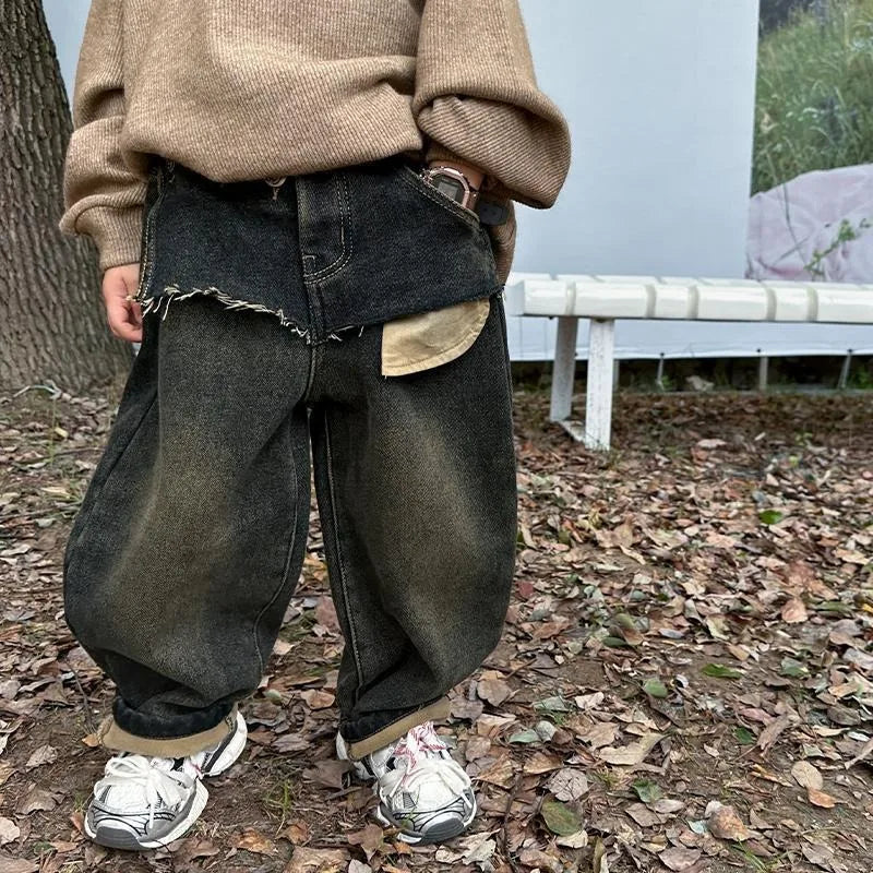 Boys' Autumn Winter Thermal Fleece-Lined Korean-style Patchwork Jeans - Thickened One-Piece Long Pants Spring Autumn New
