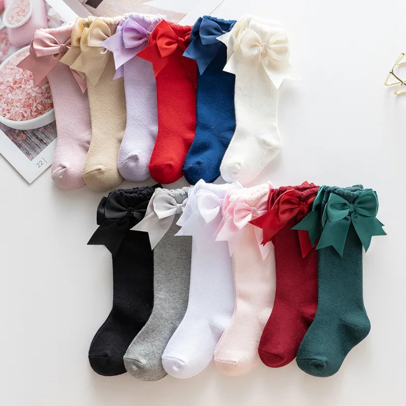 1 Pair Spanish Style Girls Socks Solid Color Big Bow 100% Cotton Baby Children Toddlers Long Socks Princess Knee High Socks